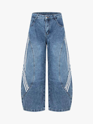 Denim Wide Leg Cropped Pants with White Stripe Design High Waist Fashion Trousers for Women 