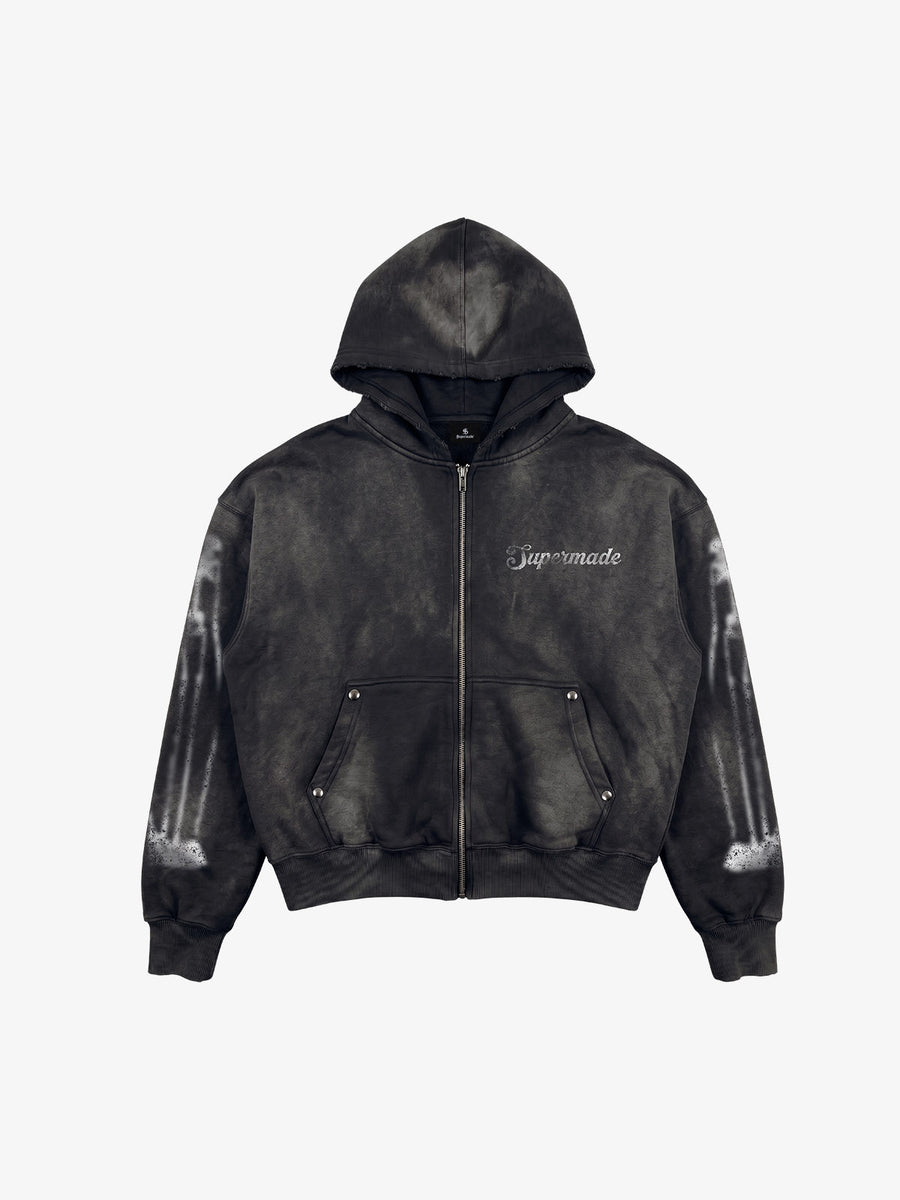 Washed black zip-up hoodie with dropped shoulders