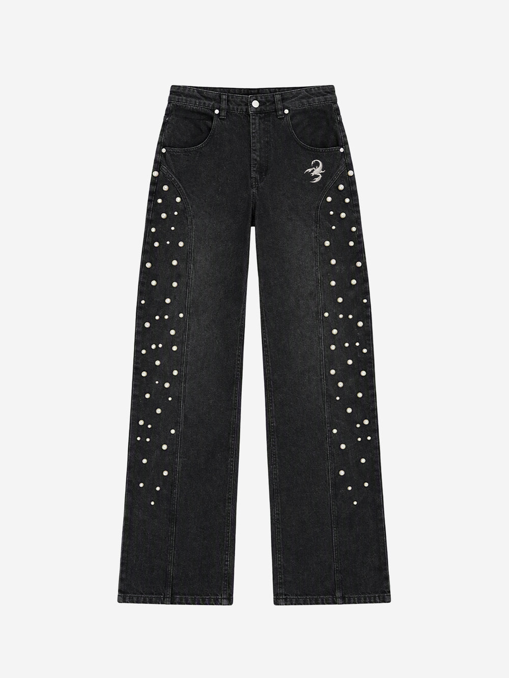 Scorpion Embroidered Pearl-Studded Distressed Straight-Leg Jeans