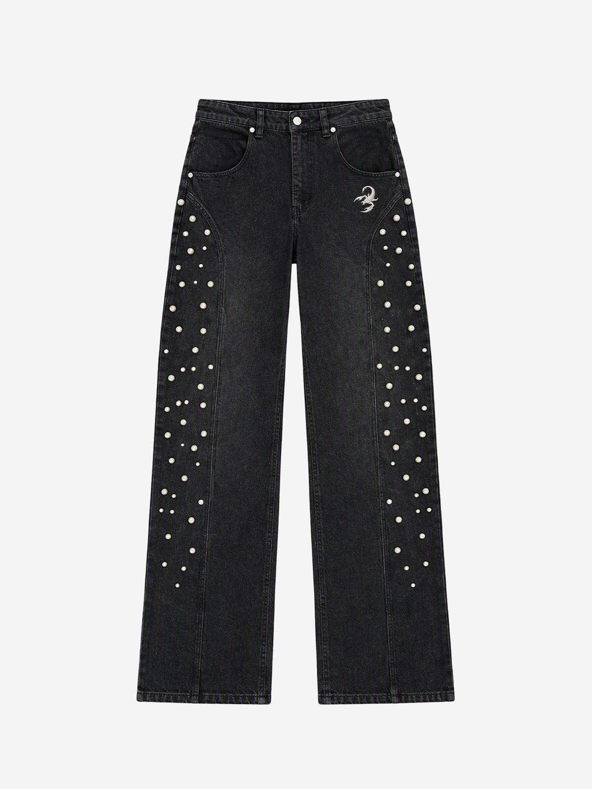 Scorpion Embroidered Pearl-Studded Distressed Straight-Leg Jeans