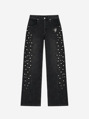 Scorpion Embroidered Pearl-Studded Distressed Straight-Leg Jeans