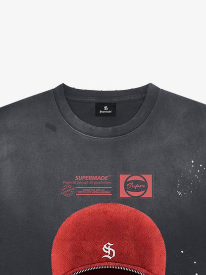 Thesupermade High Street Splatter Paint Washed Distressed Dark Mask Print T-shirt 