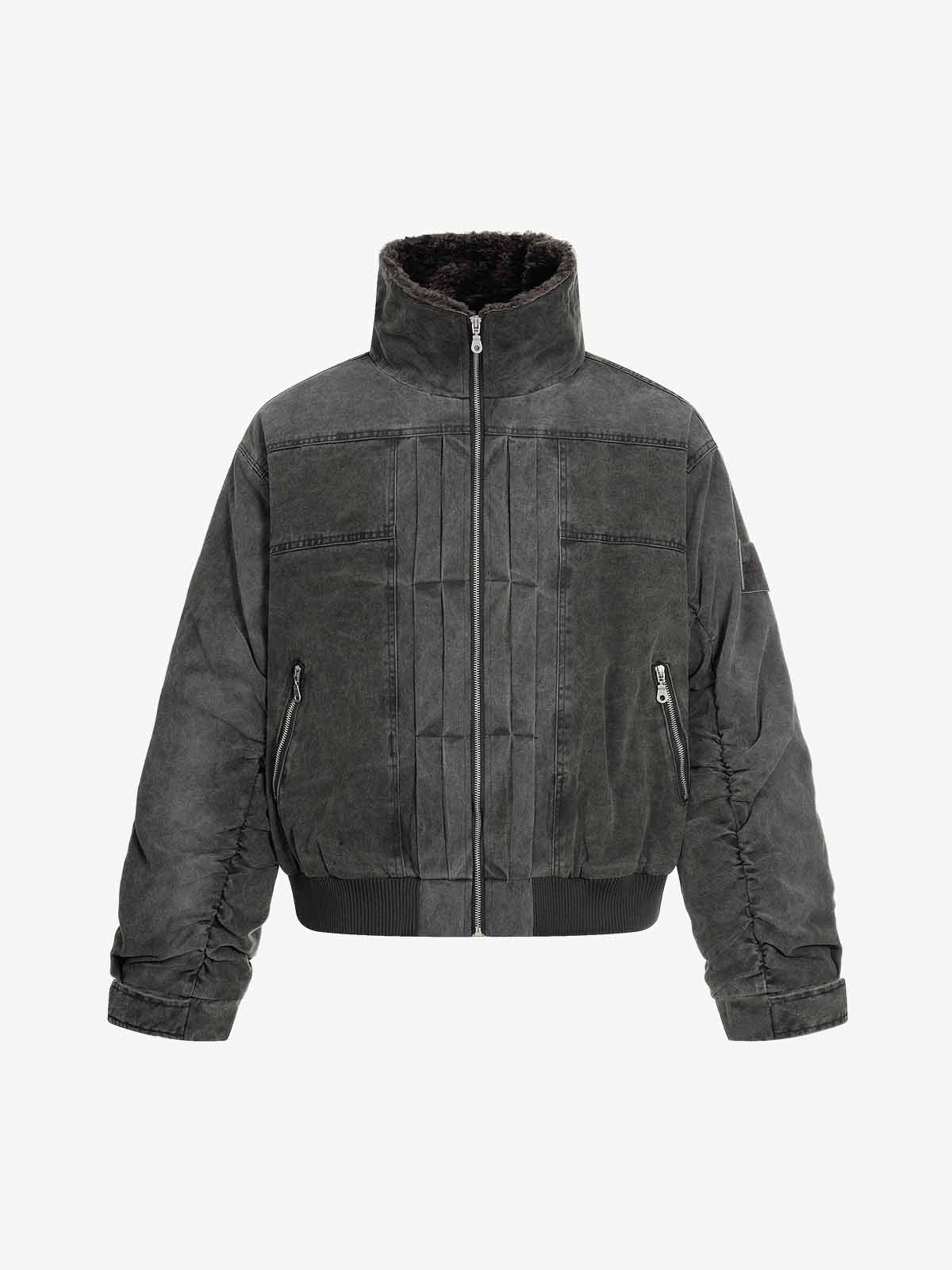 Vintage Distressed Pleated Shearling Collar Fleece Jacket 