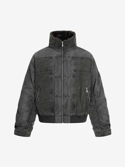 Vintage Distressed Pleated Shearling Collar Fleece Jacket 