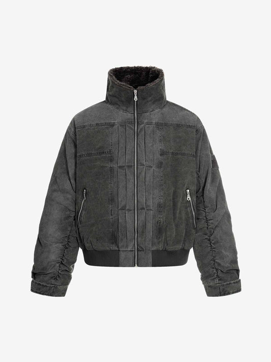 Vintage Distressed Pleated Shearling Collar Fleece Jacket 