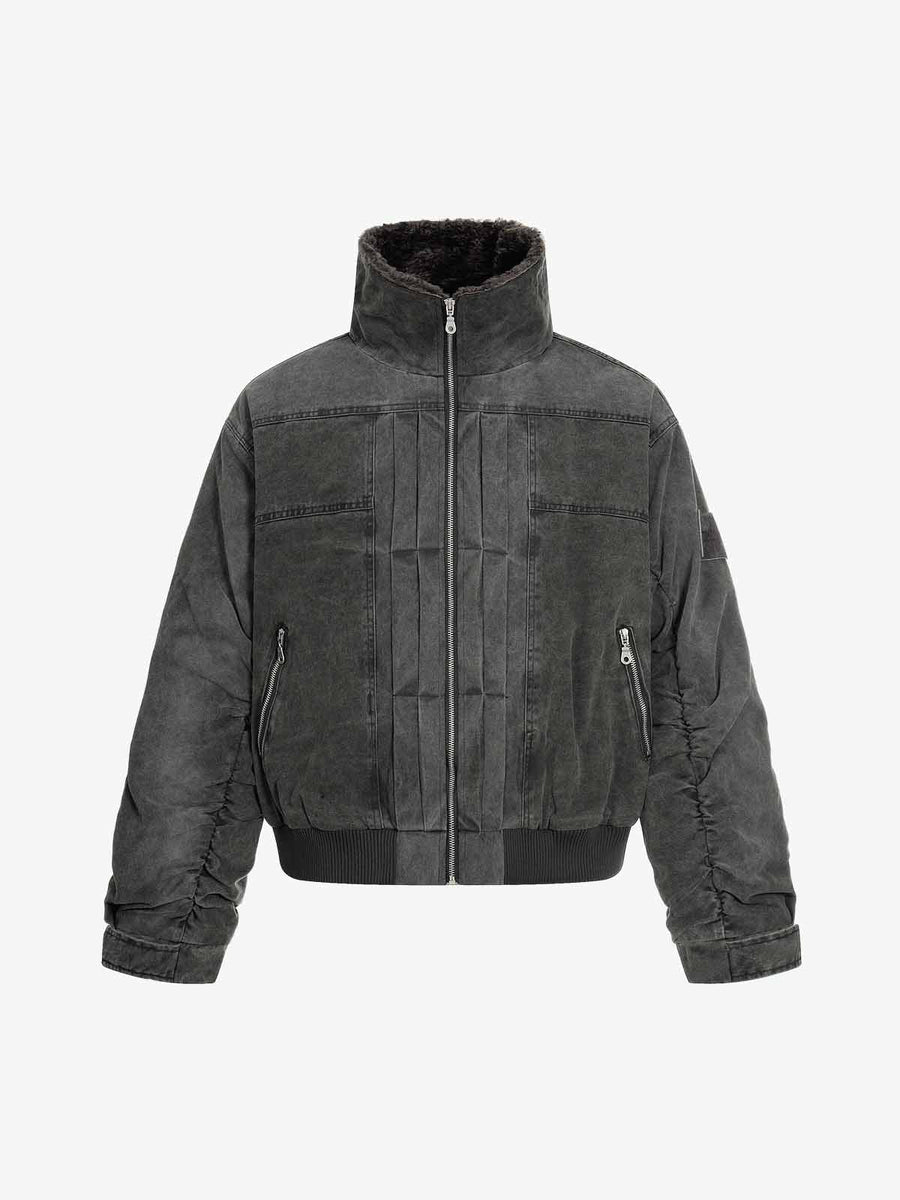 Vintage Distressed Pleated Shearling Collar Fleece Jacket 
