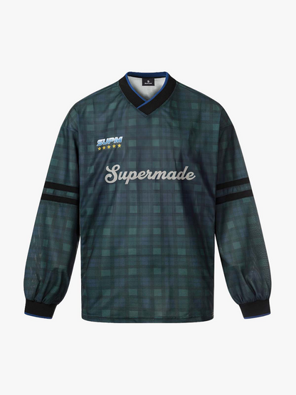 Polyester Long Sleeve Plaid Football Jersey with V-Neck and Team Logo Design 