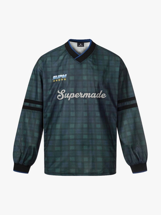 Polyester Long Sleeve Plaid Football Jersey with V-Neck and Team Logo Design 