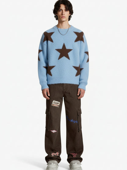 Retro Patchwork Graphic Multi-Pocket Flared Cargo Pants 