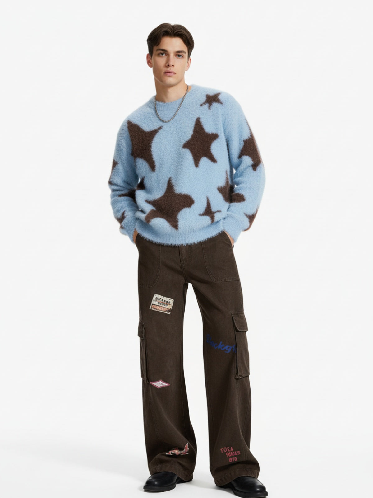 Retro Patchwork Graphic Multi-Pocket Flared Cargo Pants 