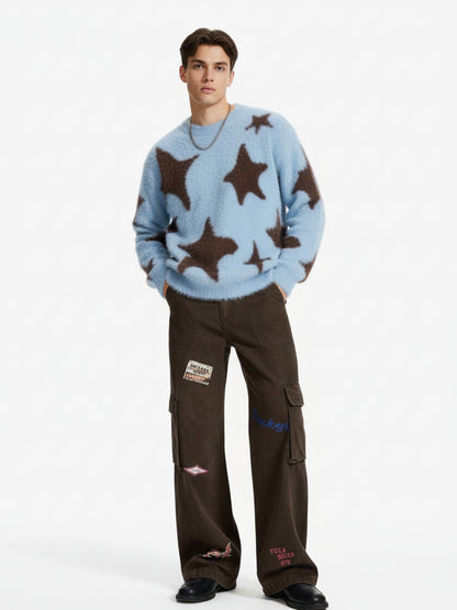 Retro Patchwork Graphic Multi-Pocket Flared Cargo Pants 