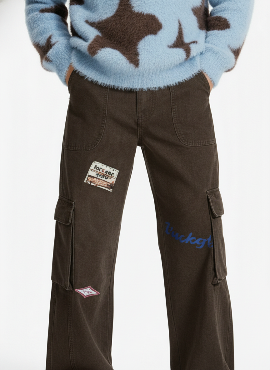 Retro Patchwork Graphic Multi-Pocket Flared Cargo Pants 