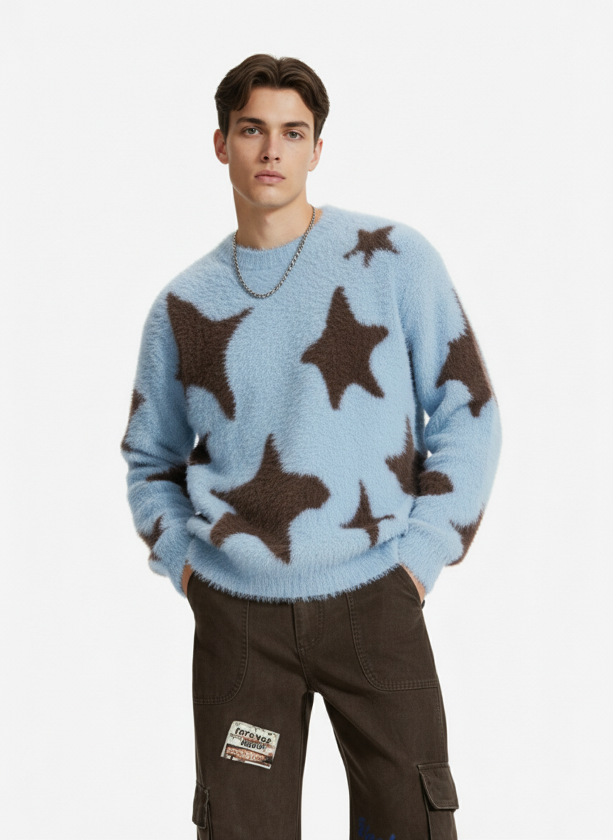Fun Star Jacquard Sweater Crew Neck Sweater 