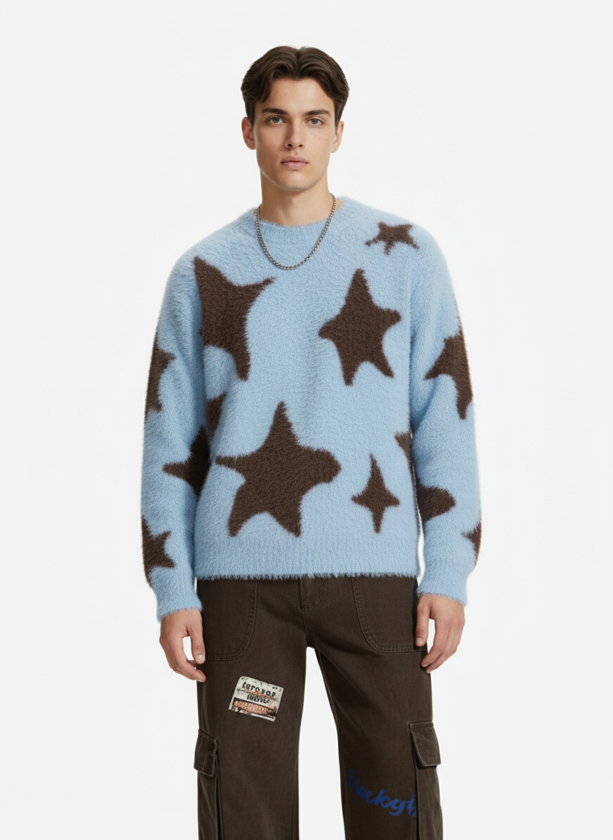 Suéter de cuello redondo con estampado de estrellas divertidas en jacquard