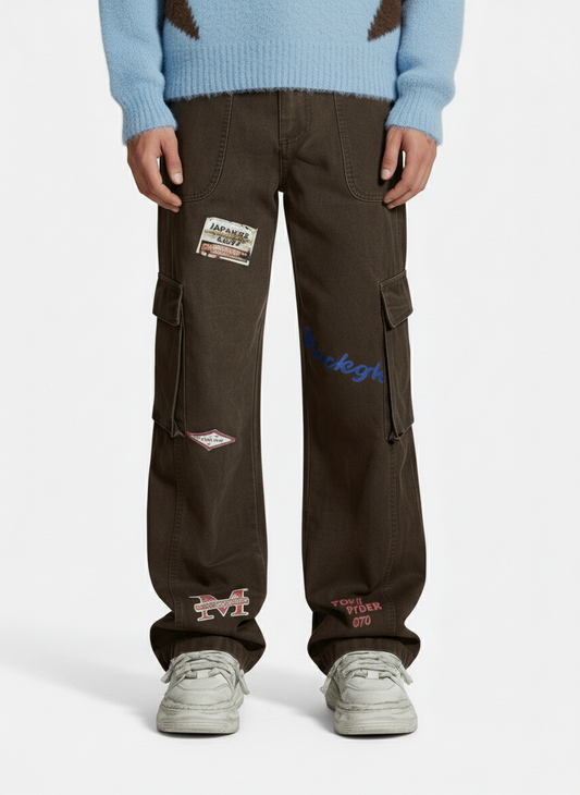 Retro Patchwork Graphic Multi-Pocket Flared Cargo Pants 