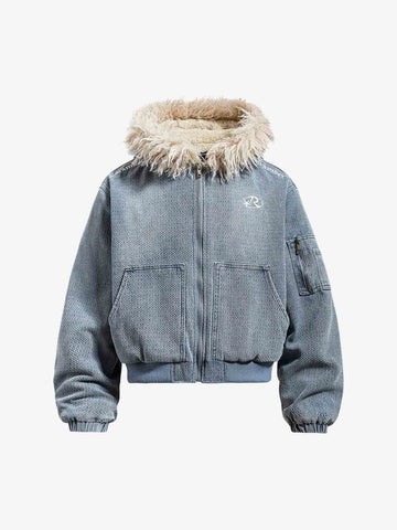 Washed Embroidered Fur-Lined Denim Bomber Jacket 