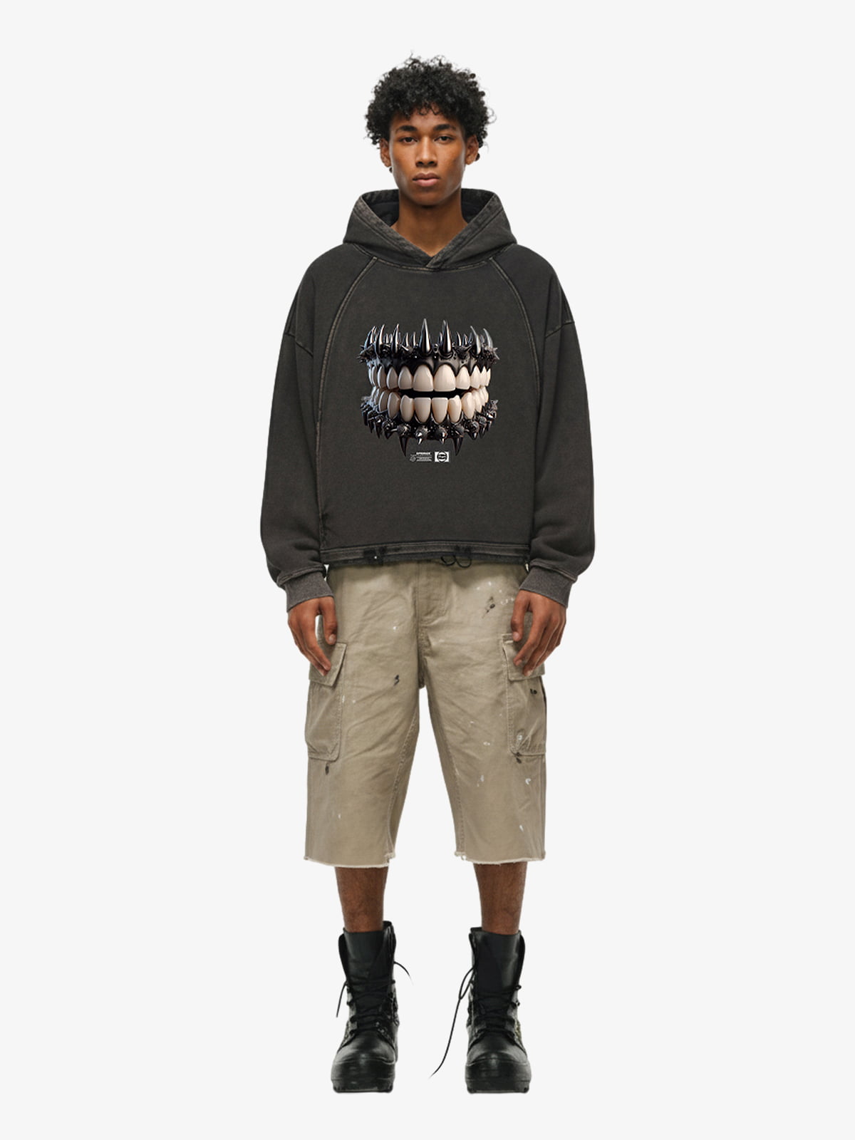 Thesupermade American Retro Dark Teeth Print Distressed Cropped Hoodie 