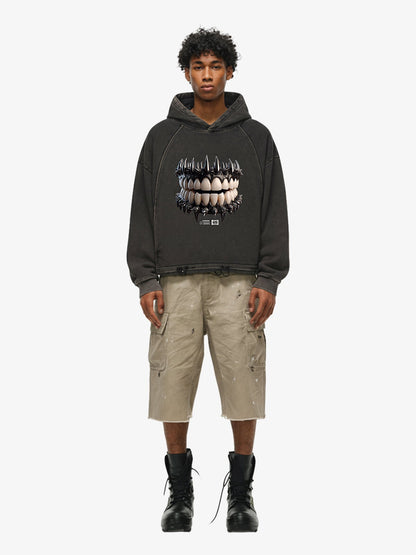 Thesupermade American Retro Dark Teeth Print Distressed Cropped Hoodie 