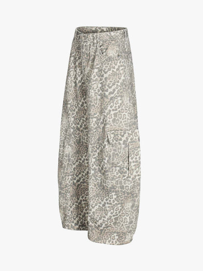 Light Leopard Print Wide-Leg Cargo Barrel Pants 