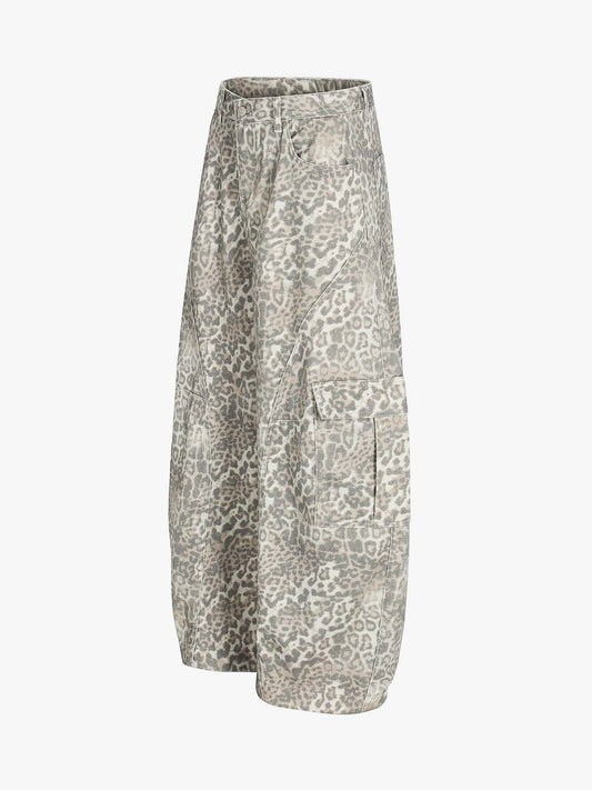 Light Leopard Print Wide-Leg Cargo Barrel Pants 