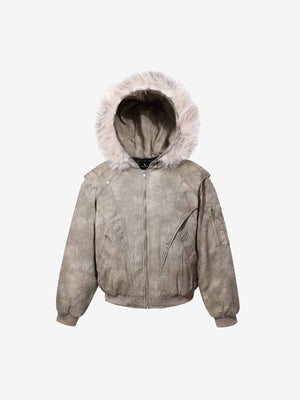 Washed Patchwork Contrast Bomber Jacket 