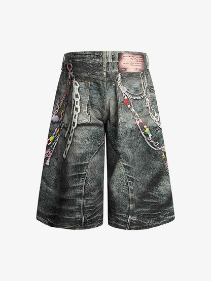Vintage Printed Washed Denim Shorts 