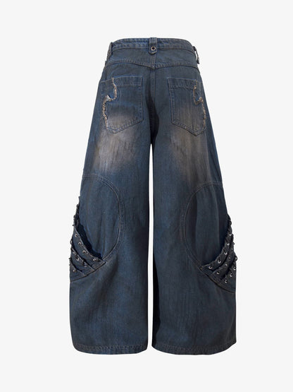 Retro Distressed Studded Heavy-Duty Functional Jeans 