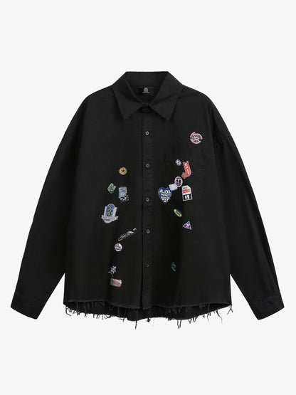 Stylish White Button-Up Shirt with Unique Patch Design for Casual and Trendy Looks 