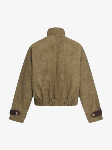 Textured Faux Leather Stand Collar Metal Buckle Jacket 