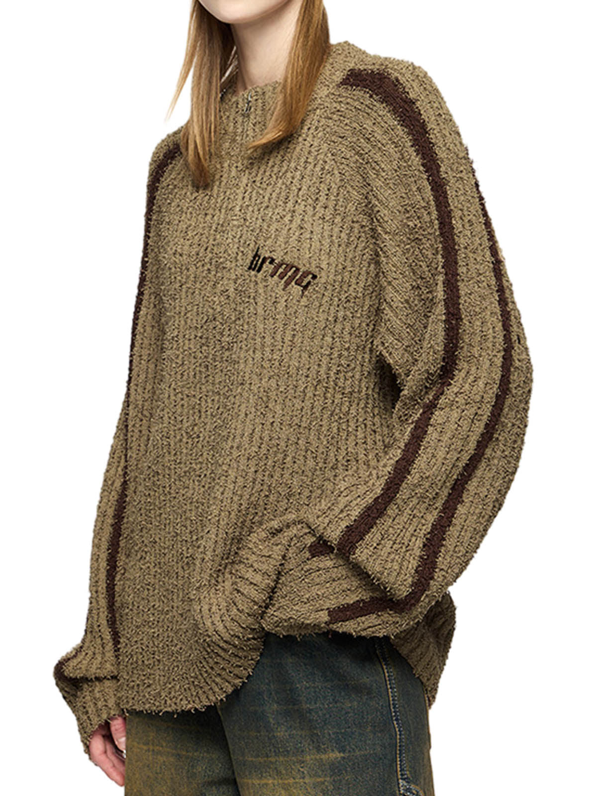 Thesupermade Striped Embroidered Quarter Zip Sweater