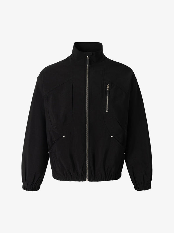 Minimalist Functional Stand-Up Collar Cropped Work Jacket - Black