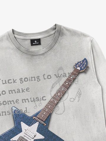 Guitar Music Note Graphic Distressed Long Sleeve Tee