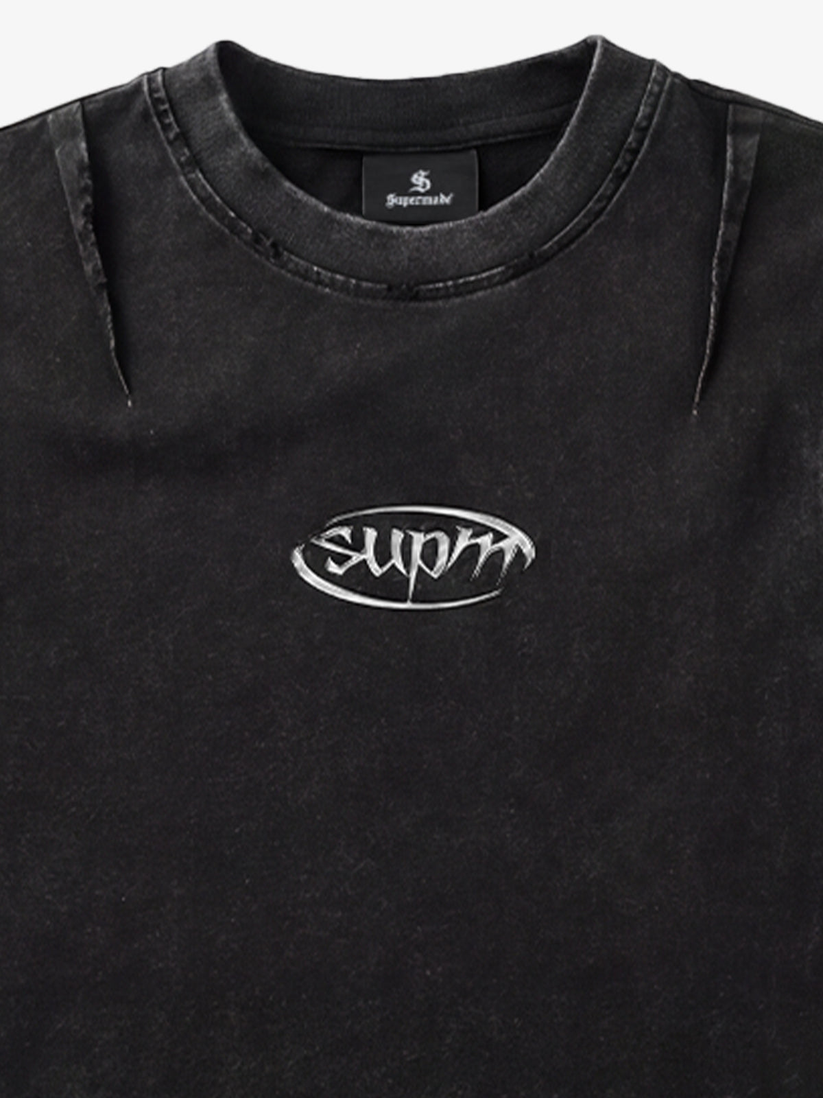 Cotton Blend Oversized T-Shirt with Distressed Denim Panels and Minimalist Logo Design 