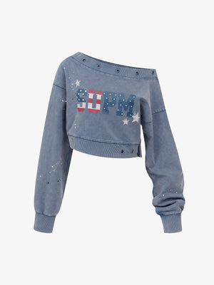 Flag Print Camo Off-Shoulder Cropped Sweatshirt