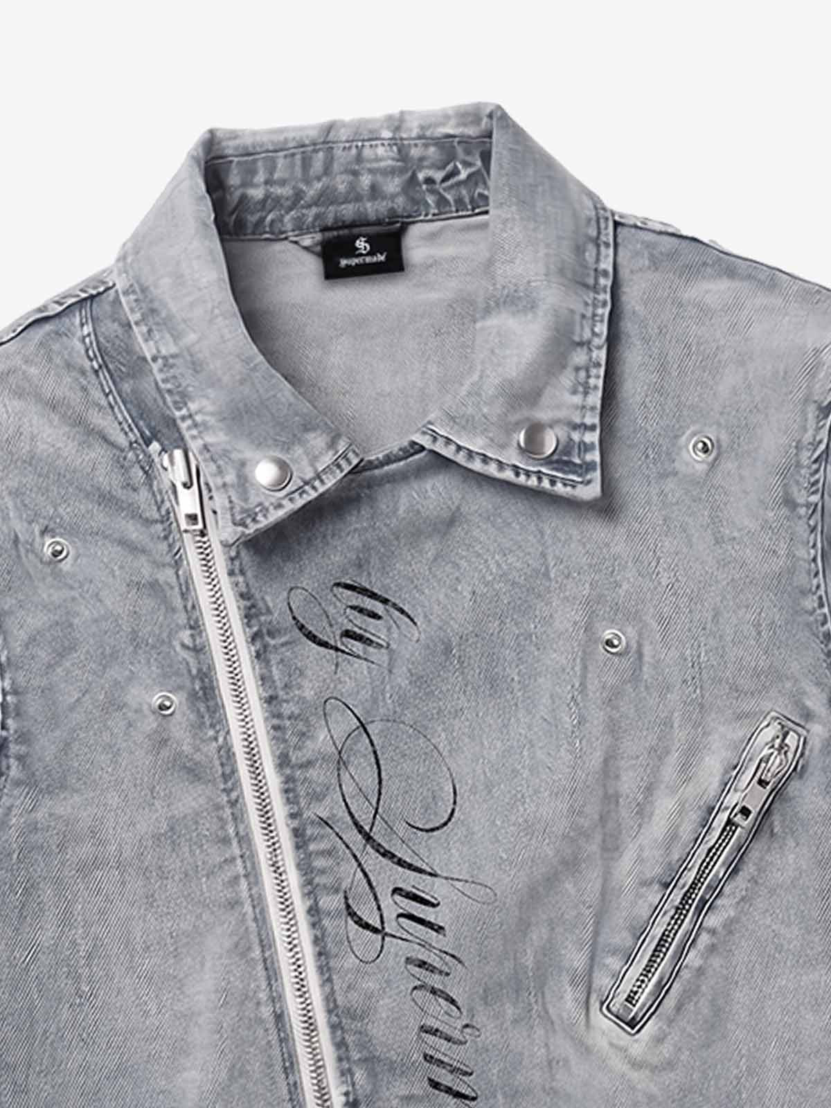 Devil Graphic Studded Heavyweight Biker Denim Jacket