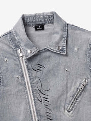 Devil Graphic Studded Heavyweight Biker Denim Jacket