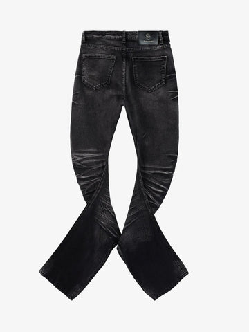 Vintage Distressed Button Fly Ruched Panel Flared Jeans