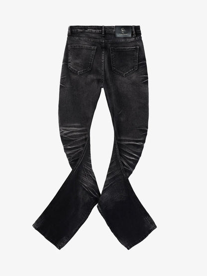 Vintage Distressed Button Fly Ruched Panel Flared Jeans