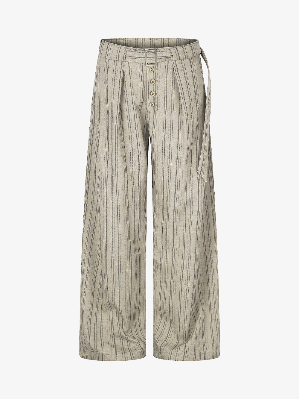 Belted Button-Fly Striped Wide-Leg Pants