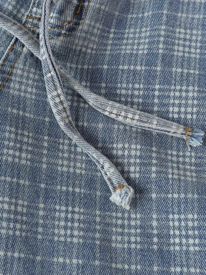 Vintage Washed Distressed Plaid Straight Jeans 