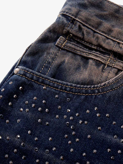 Gradient Wash Wide-Leg Jeans with Rhinestone Accents 