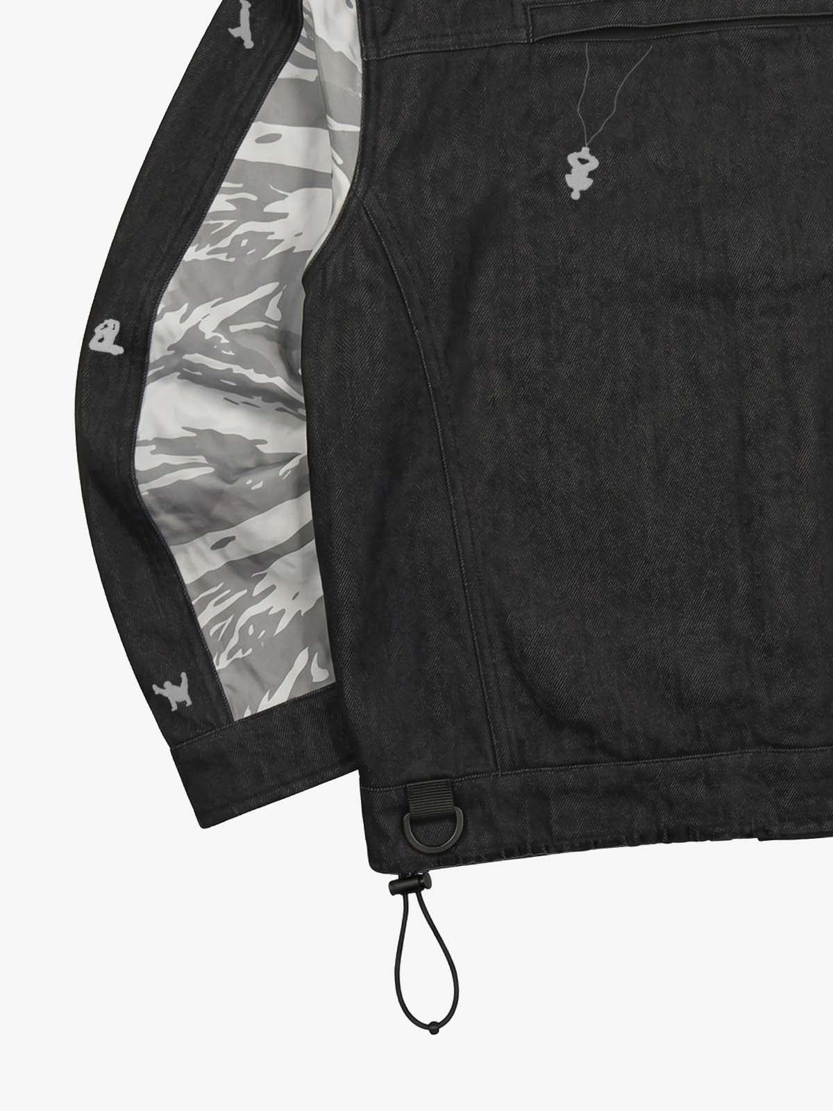 Dual Camo Paneled Raw-Denim Graphic Shell Jacket