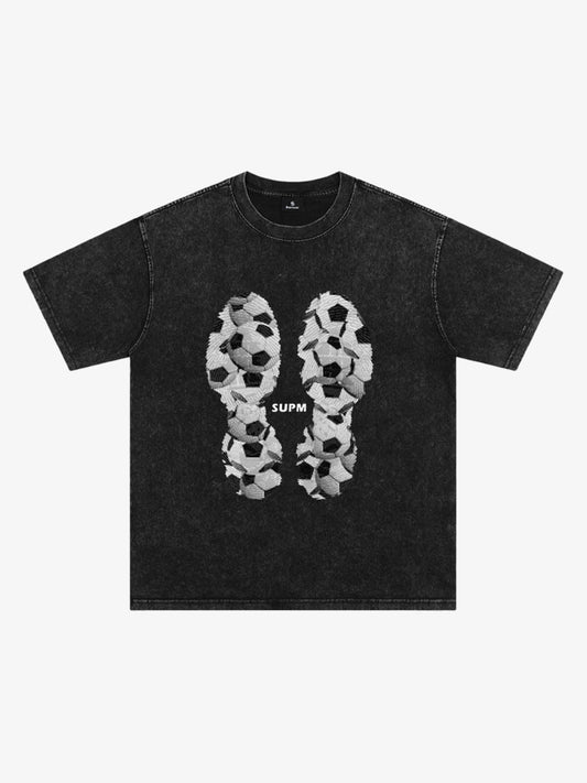 Cotton Black T-Shirt with Soccer Ball Print Footprint Design 
