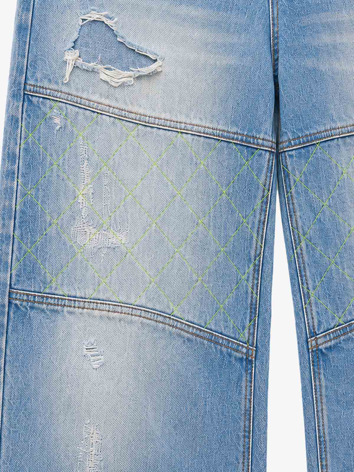 Double-Zip Paneled Distressed Bootcut Jeans