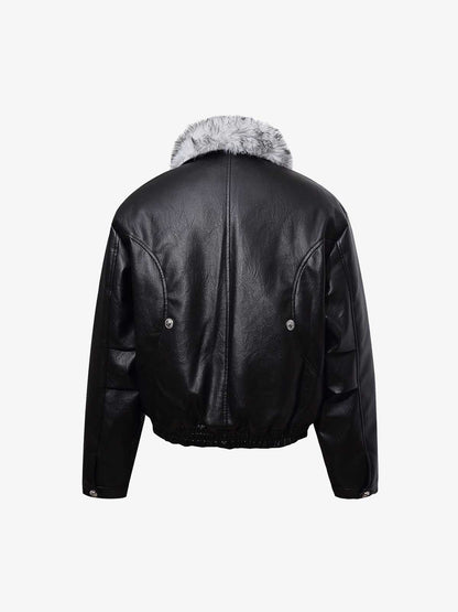 Street Fur-Trim Collar Leather Bomber Jacket 