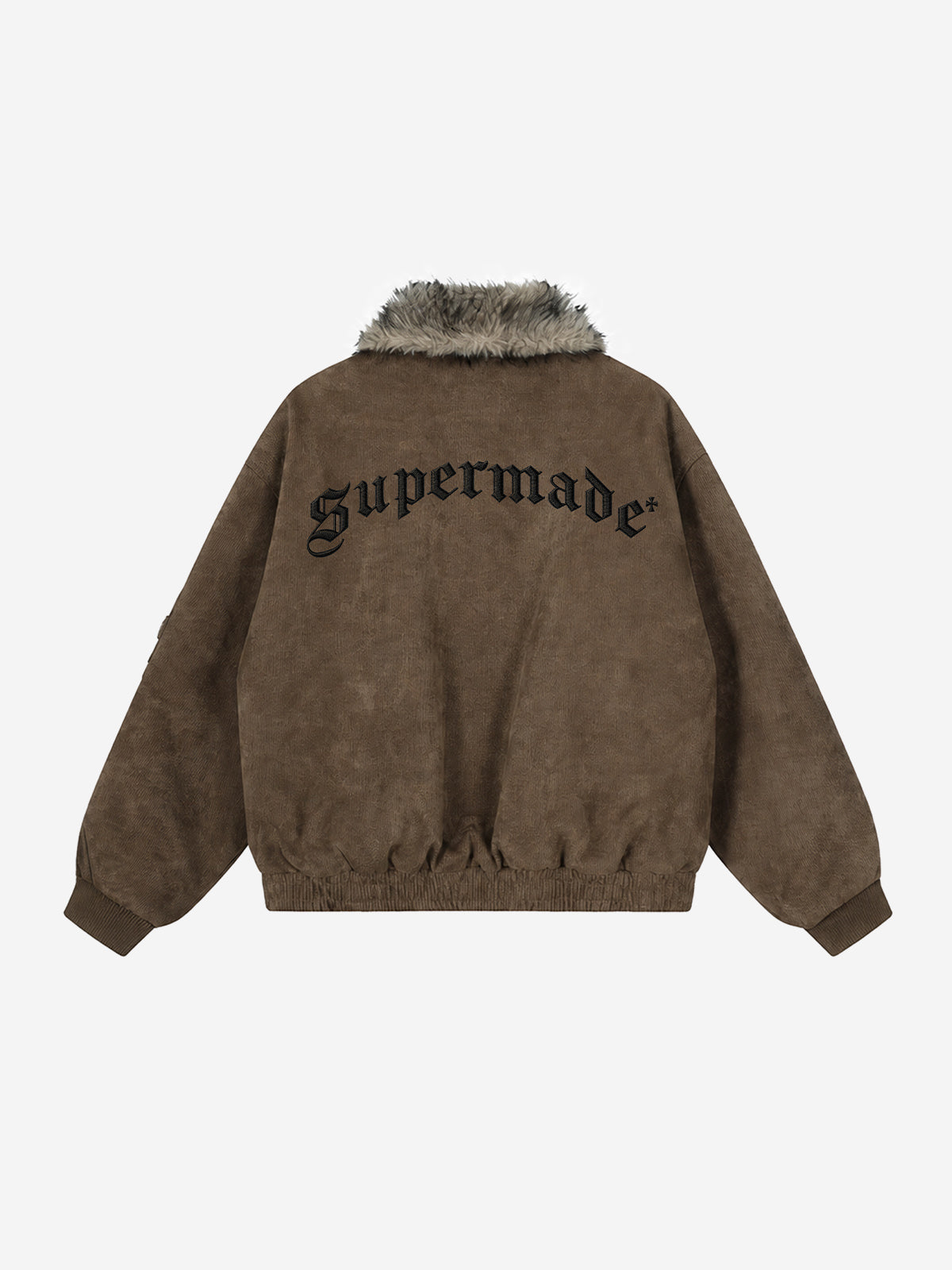 Embroidered Faux-Fur Collar Oversized Distressed Bomber Jacket