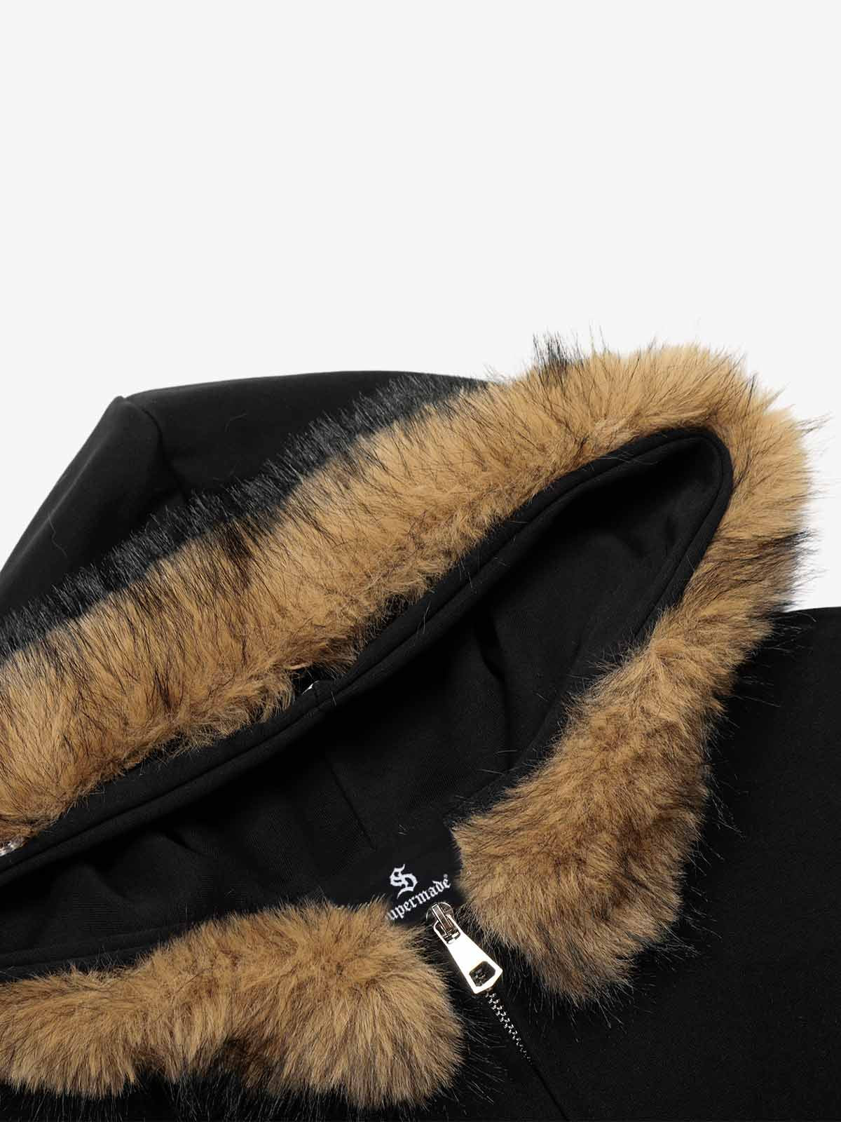 Star Rhinestone Fur Collar Zip-Up Hoodie