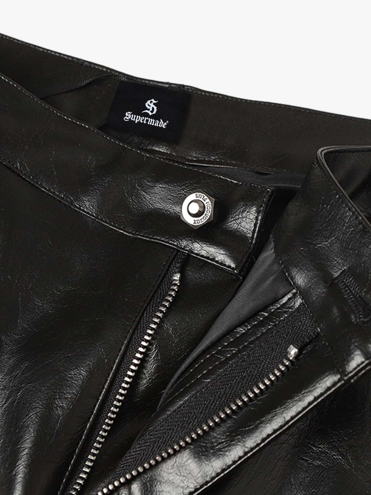 Faux Leather Wide Leg Pants with Spiderweb Embossed Pockets - Edgy Fashion Statement 