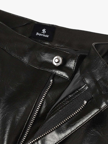 Faux Leather Wide Leg Pants with Spiderweb Embossed Pockets - Edgy Fashion Statement 