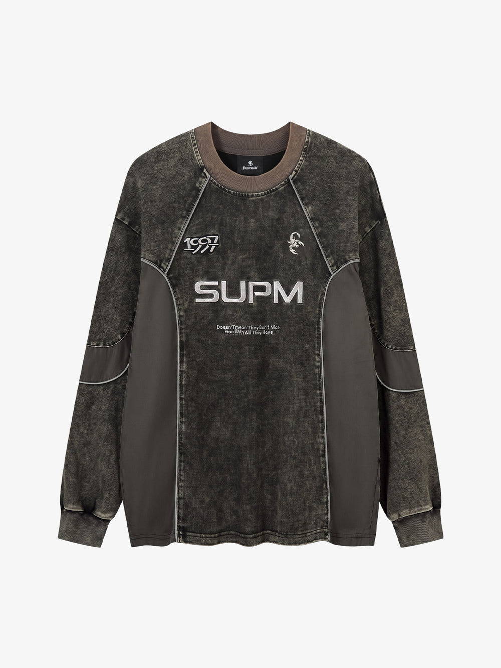 Embroidered Patchwork Distressed Washed Long Sleeve Tee